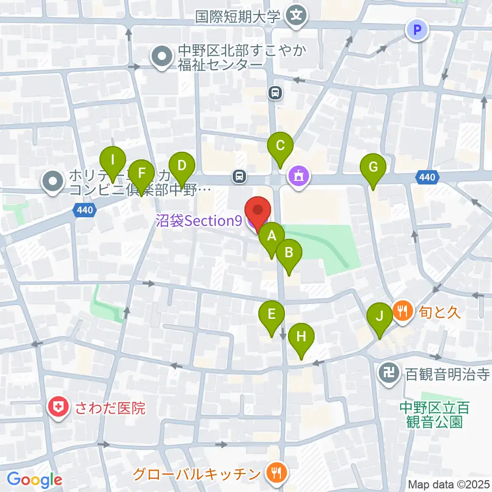 沼袋Section9周辺のファミレス・ファーストフード一覧地図