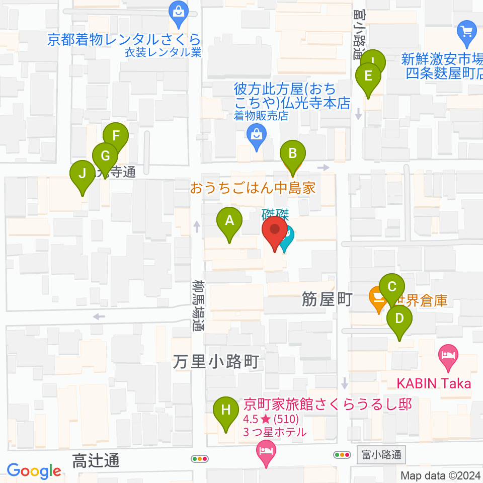 磔磔周辺のファミレス・ファーストフード一覧地図