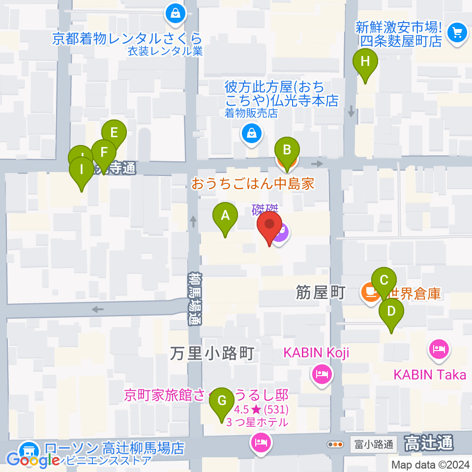 磔磔周辺のファミレス・ファーストフード一覧地図