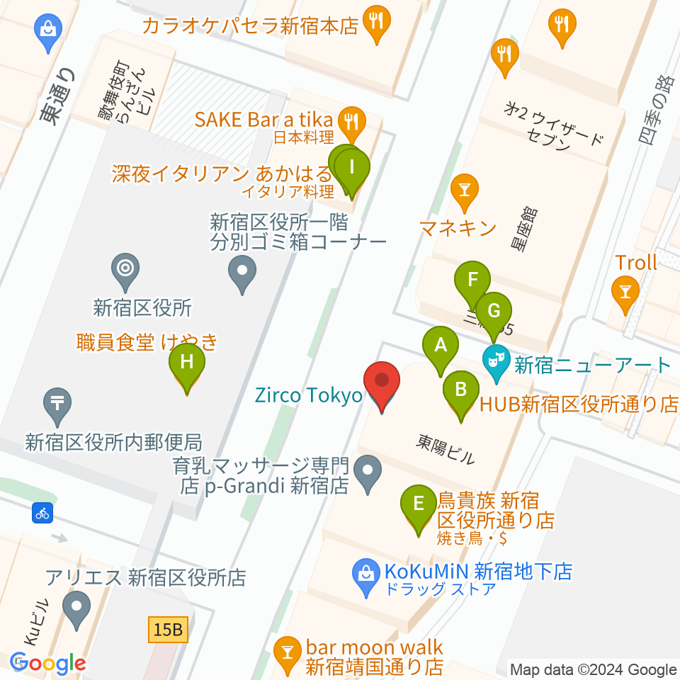新宿Zirco Tokyo周辺のファミレス・ファーストフード一覧地図