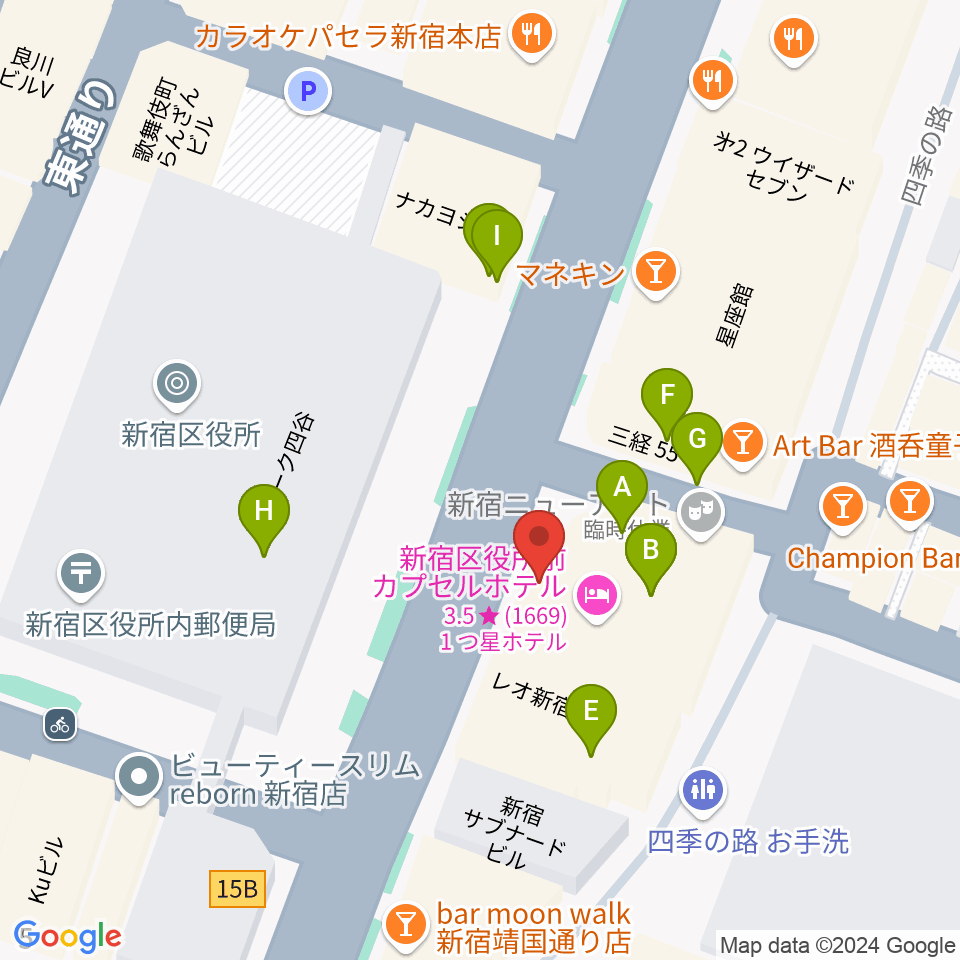 新宿Zirco Tokyo周辺のファミレス・ファーストフード一覧地図