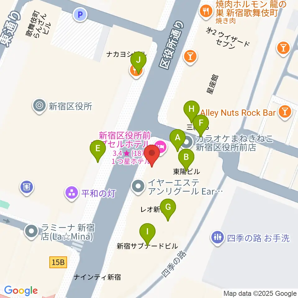 新宿Zirco Tokyo周辺のファミレス・ファーストフード一覧地図