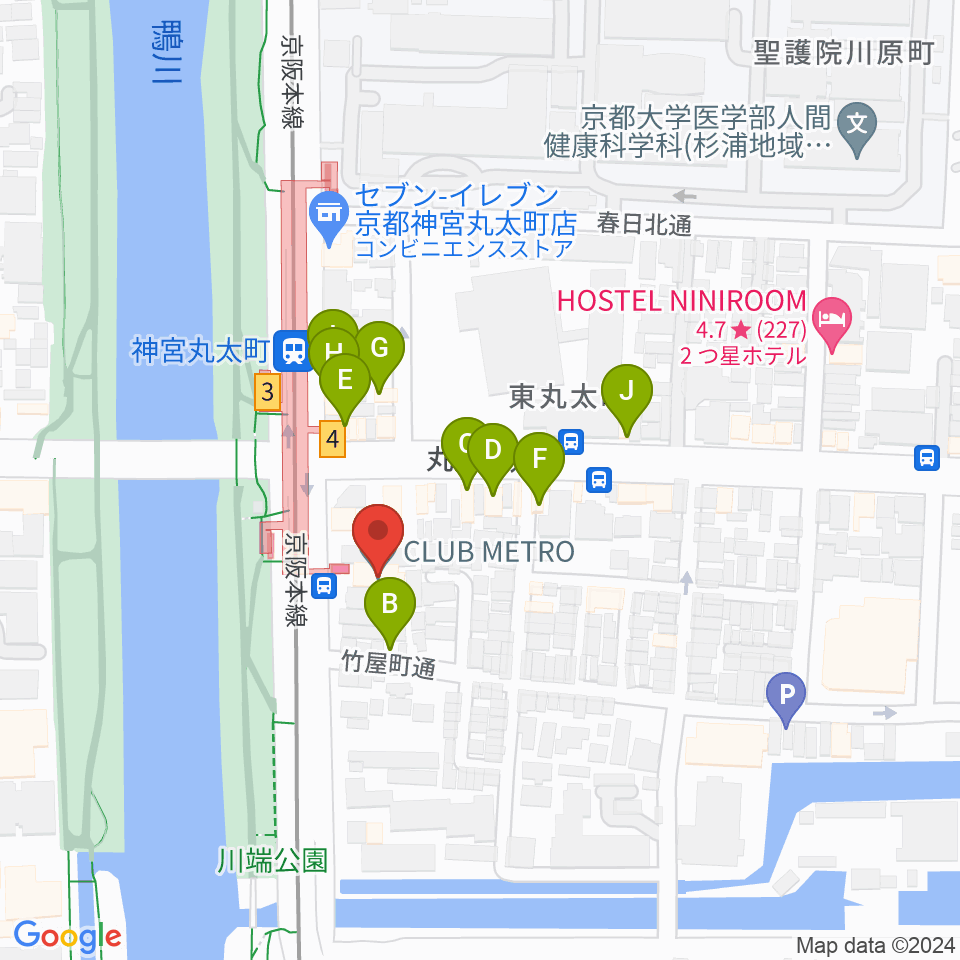 京都メトロ周辺のファミレス・ファーストフード一覧地図