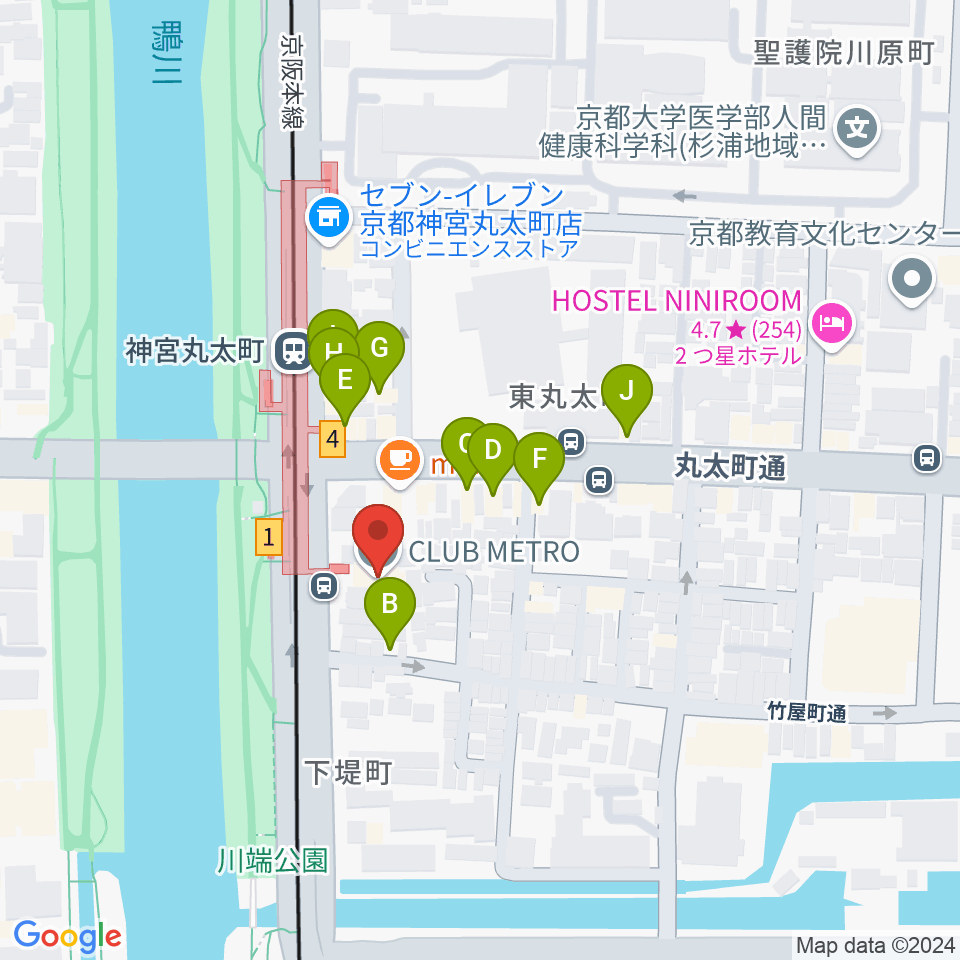 京都メトロ周辺のファミレス・ファーストフード一覧地図