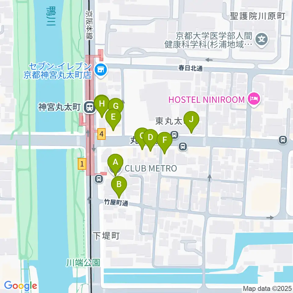 京都メトロ周辺のファミレス・ファーストフード一覧地図