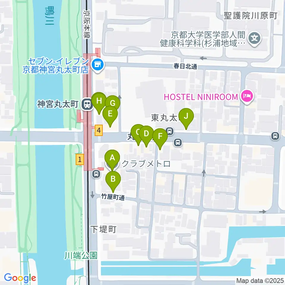 京都メトロ周辺のファミレス・ファーストフード一覧地図