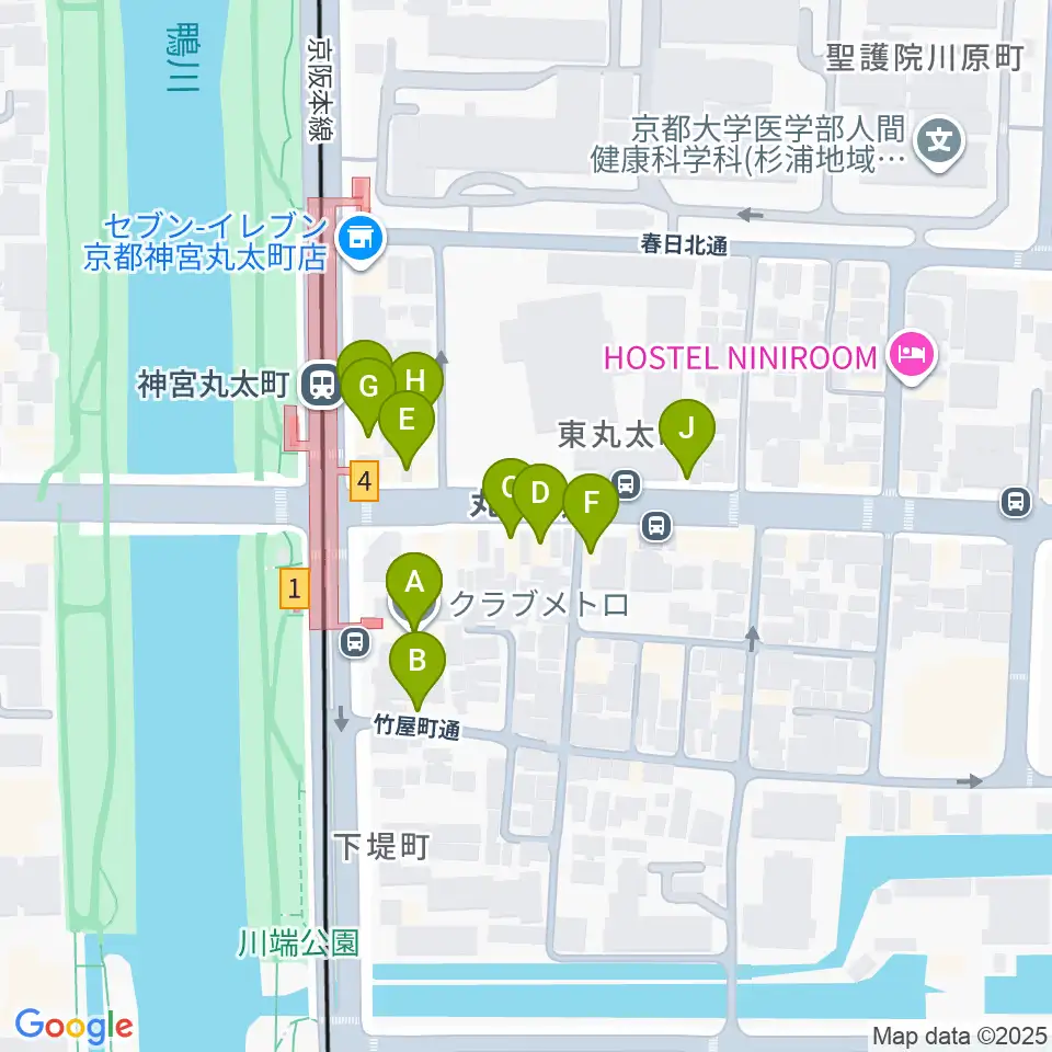 京都メトロ周辺のファミレス・ファーストフード一覧地図