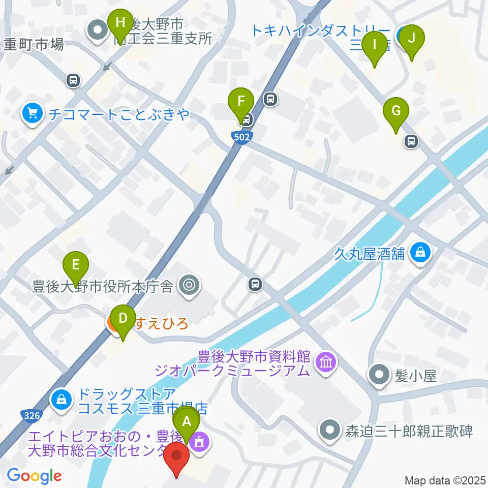 豊後大野市総合文化センター エイトピアおおの周辺のファミレス・ファーストフード一覧地図