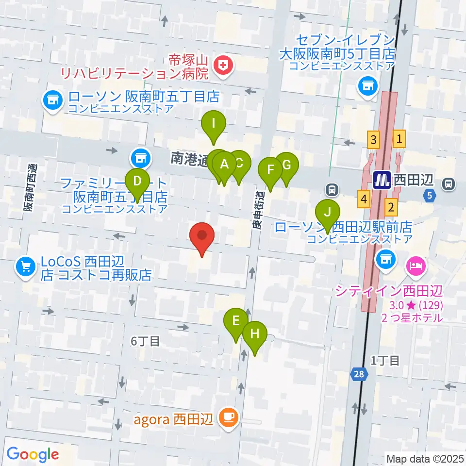西田辺PIANO STUDIO周辺のファミレス・ファーストフード一覧地図
