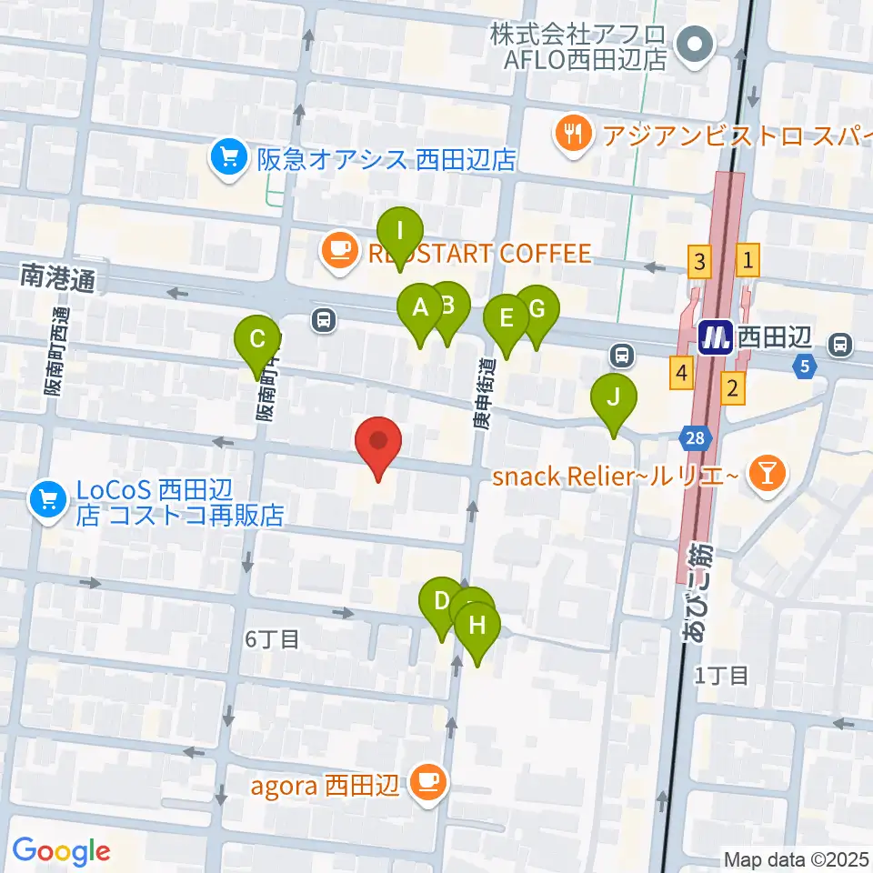 西田辺PIANO STUDIO周辺のファミレス・ファーストフード一覧地図