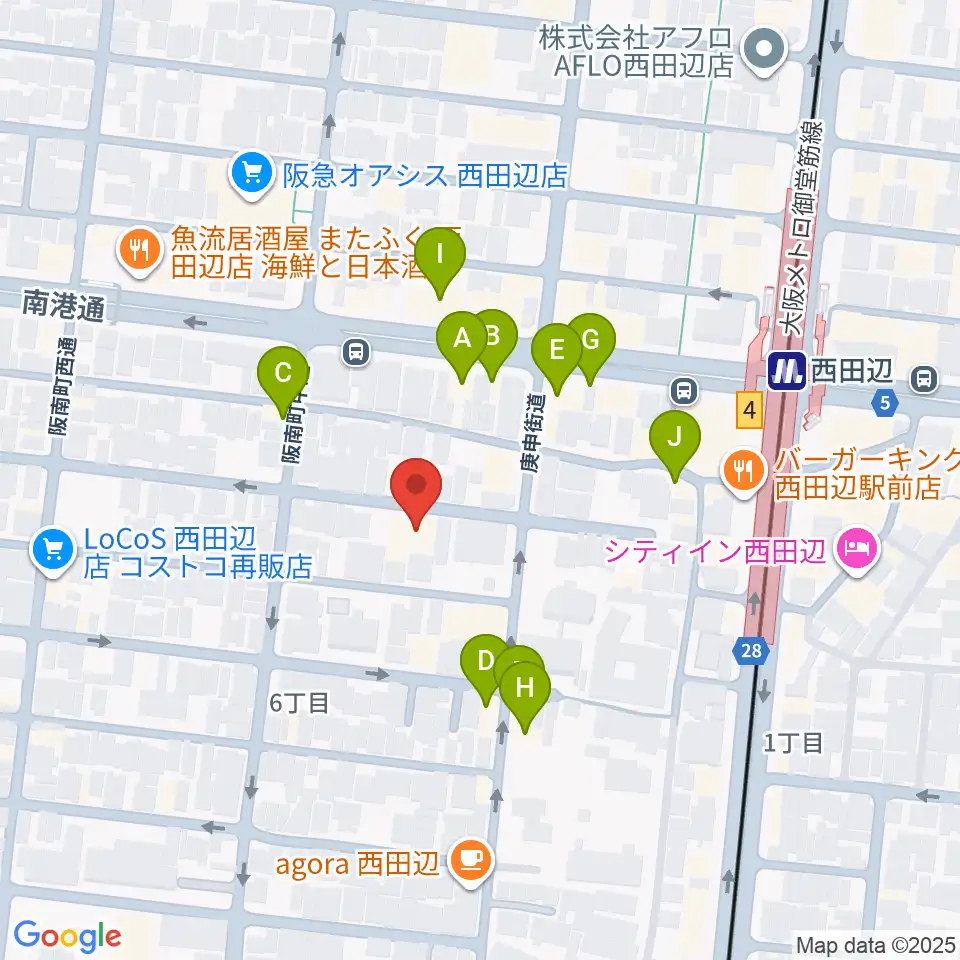西田辺PIANO STUDIO周辺のファミレス・ファーストフード一覧地図