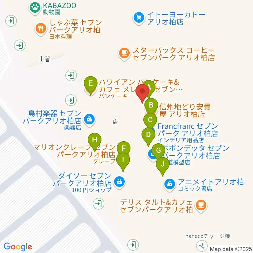 タワーレコードセブンパーク アリオ柏店周辺のファミレス・ファーストフード一覧地図