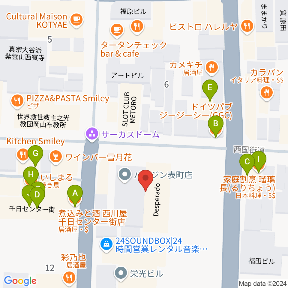 岡山デスペラード周辺のファミレス・ファーストフード一覧地図