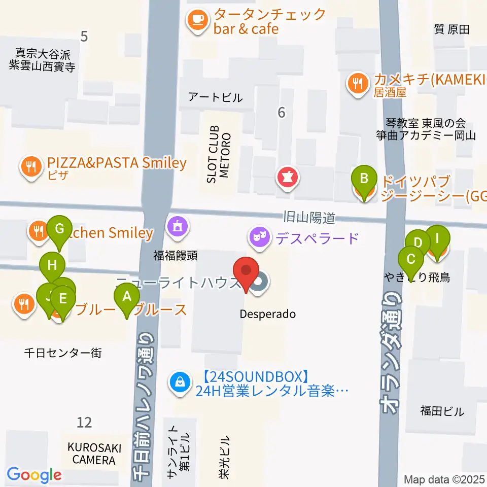 岡山デスペラード周辺のファミレス・ファーストフード一覧地図