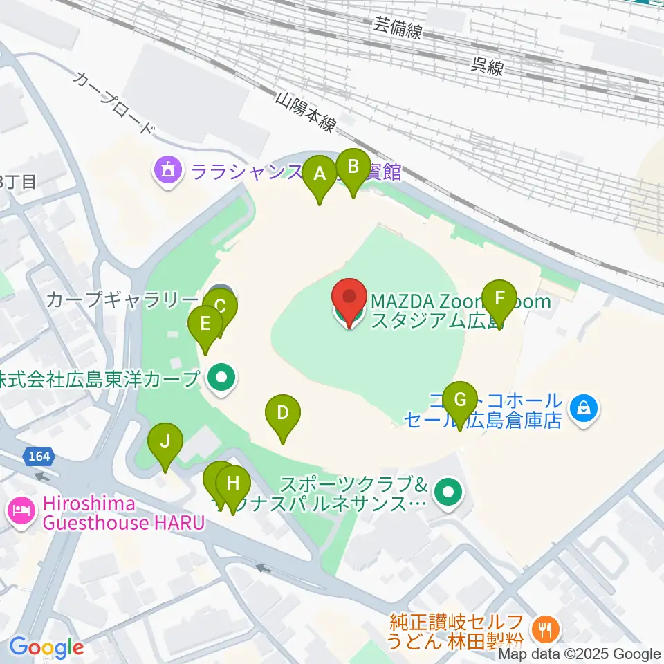 Mazda Zoom-Zoom スタジアム広島周辺のファミレス・ファーストフード一覧地図