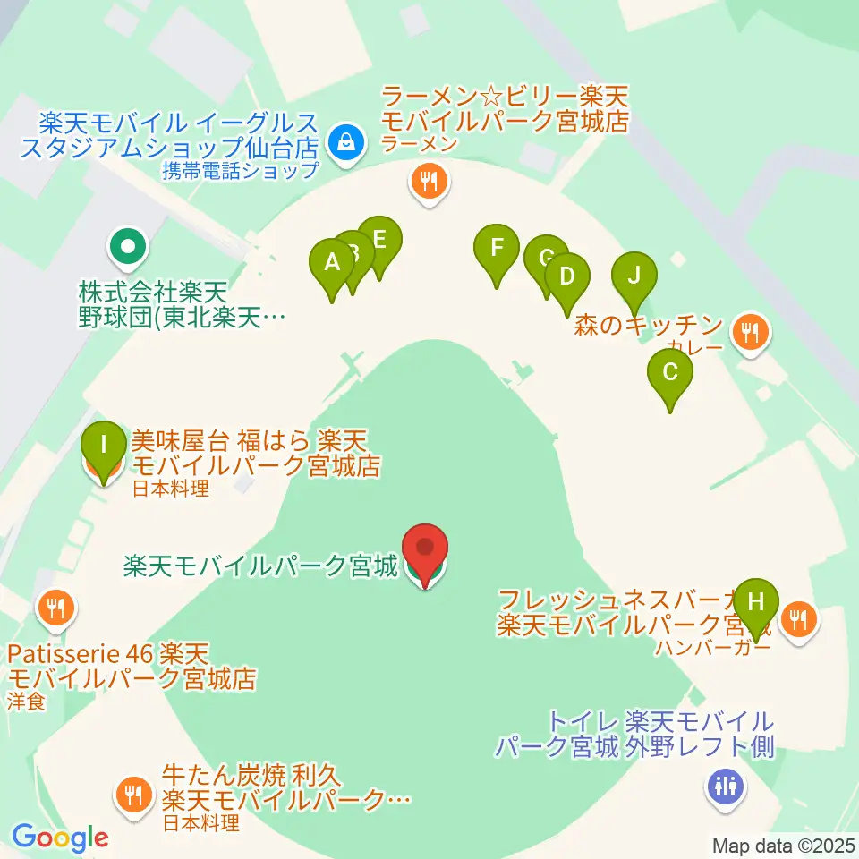 楽天モバイルパーク宮城周辺のファミレス・ファーストフード一覧地図