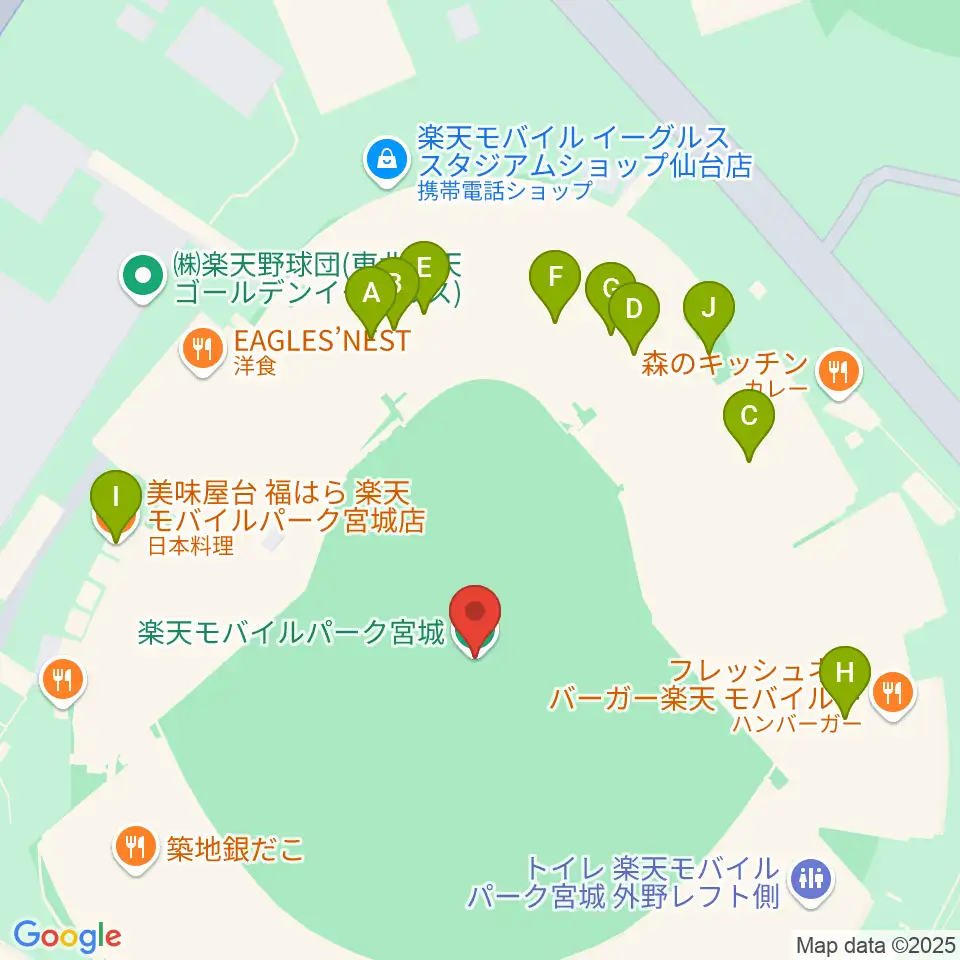 楽天モバイルパーク宮城周辺のファミレス・ファーストフード一覧地図