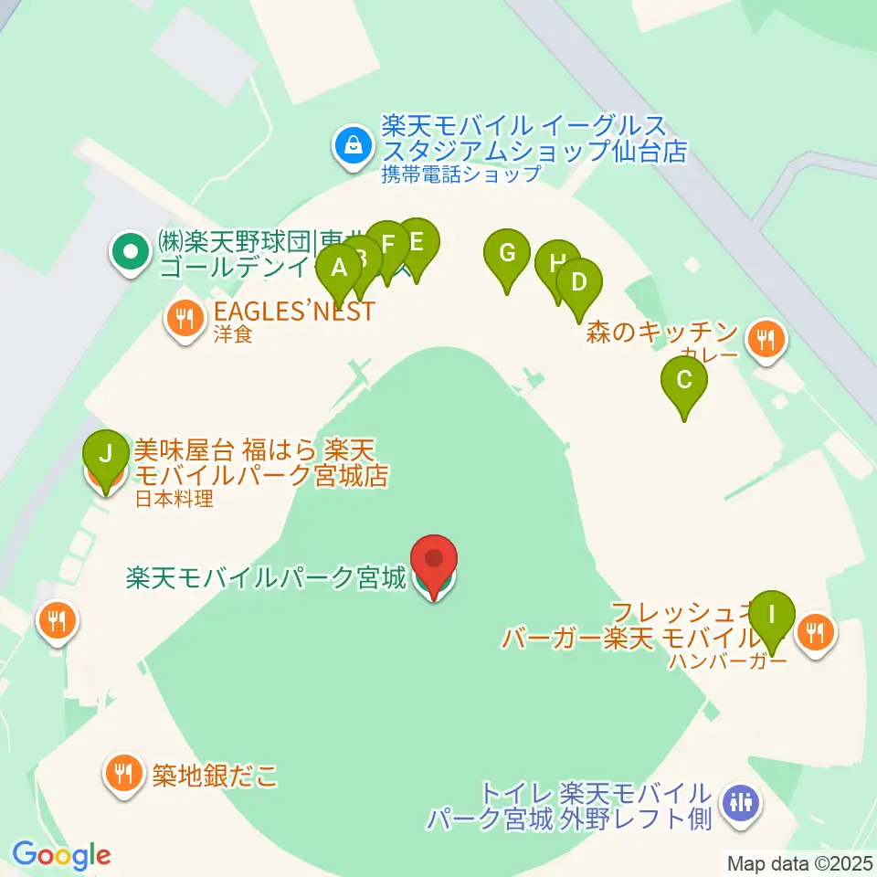 楽天モバイルパーク宮城周辺のファミレス・ファーストフード一覧地図