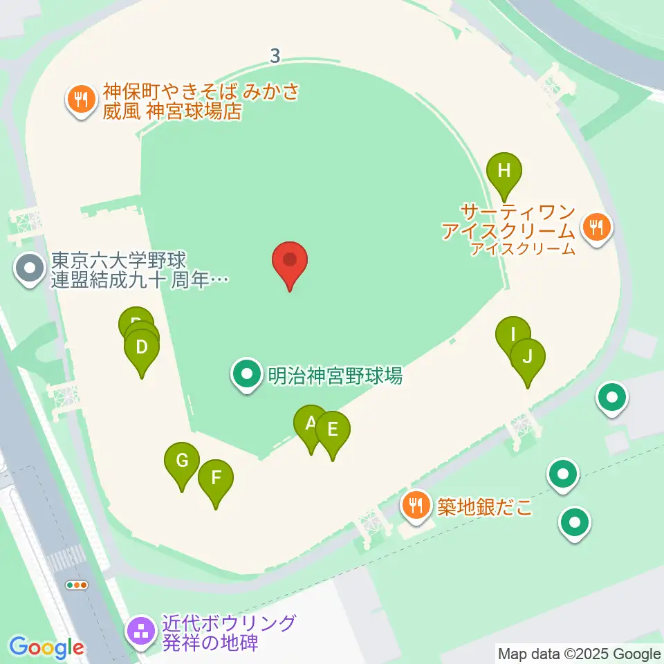 明治神宮野球場周辺のファミレス・ファーストフード一覧地図