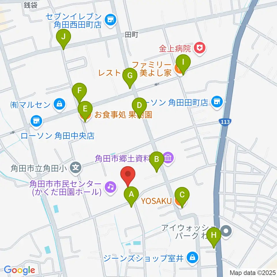 かくだ田園ホール（角田市市民センター）周辺のファミレス・ファーストフード一覧地図