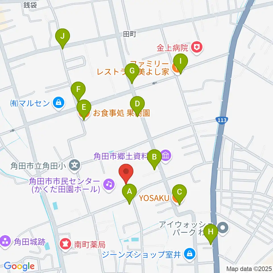 かくだ田園ホール（角田市市民センター）周辺のファミレス・ファーストフード一覧地図