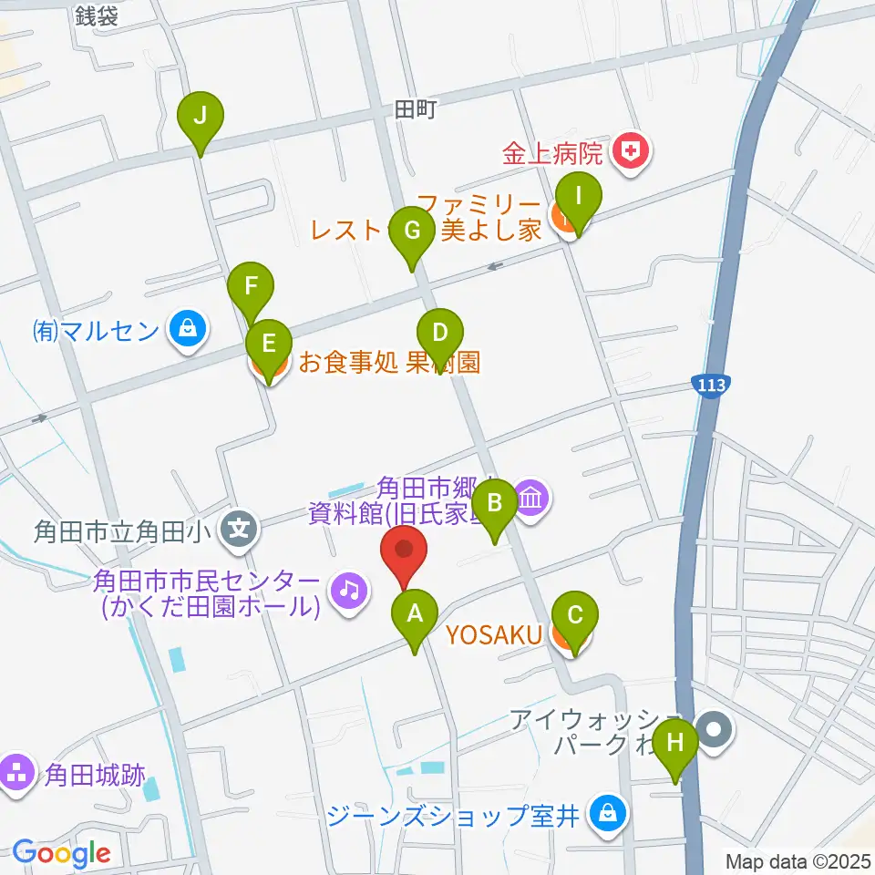 かくだ田園ホール（角田市市民センター）周辺のファミレス・ファーストフード一覧地図
