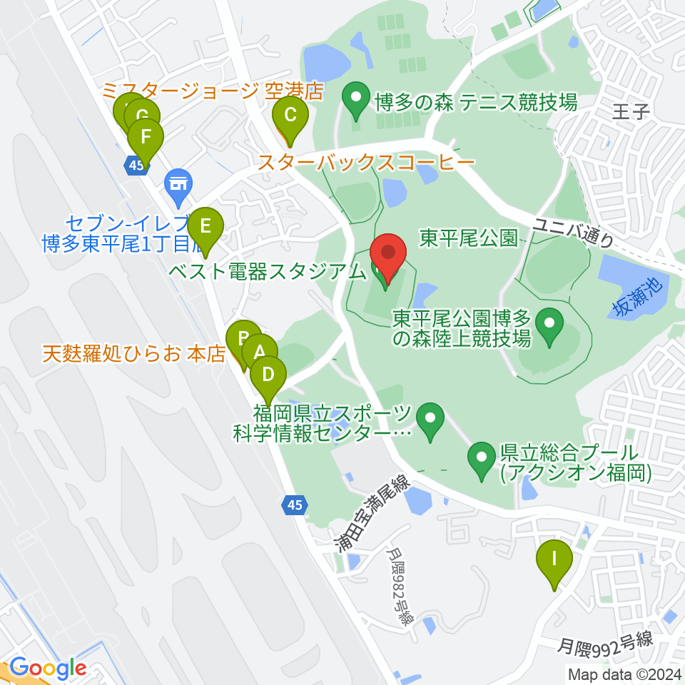 ベスト電器スタジアム周辺のファミレス・ファーストフード一覧地図