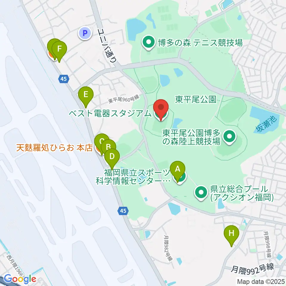 ベスト電器スタジアム周辺のファミレス・ファーストフード一覧地図