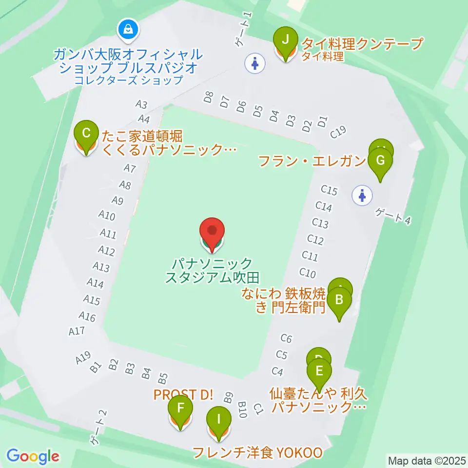 パナソニックスタジアム吹田周辺のファミレス・ファーストフード一覧地図