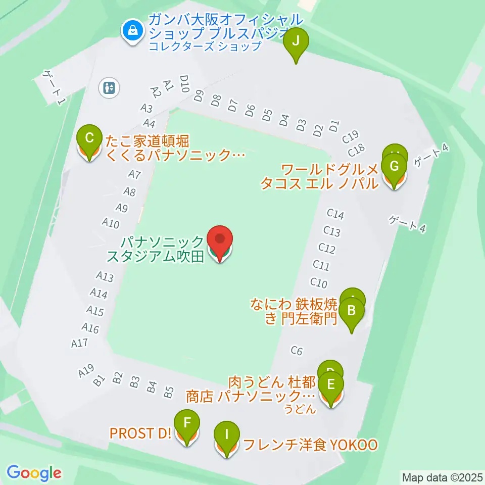 パナソニックスタジアム吹田周辺のファミレス・ファーストフード一覧地図