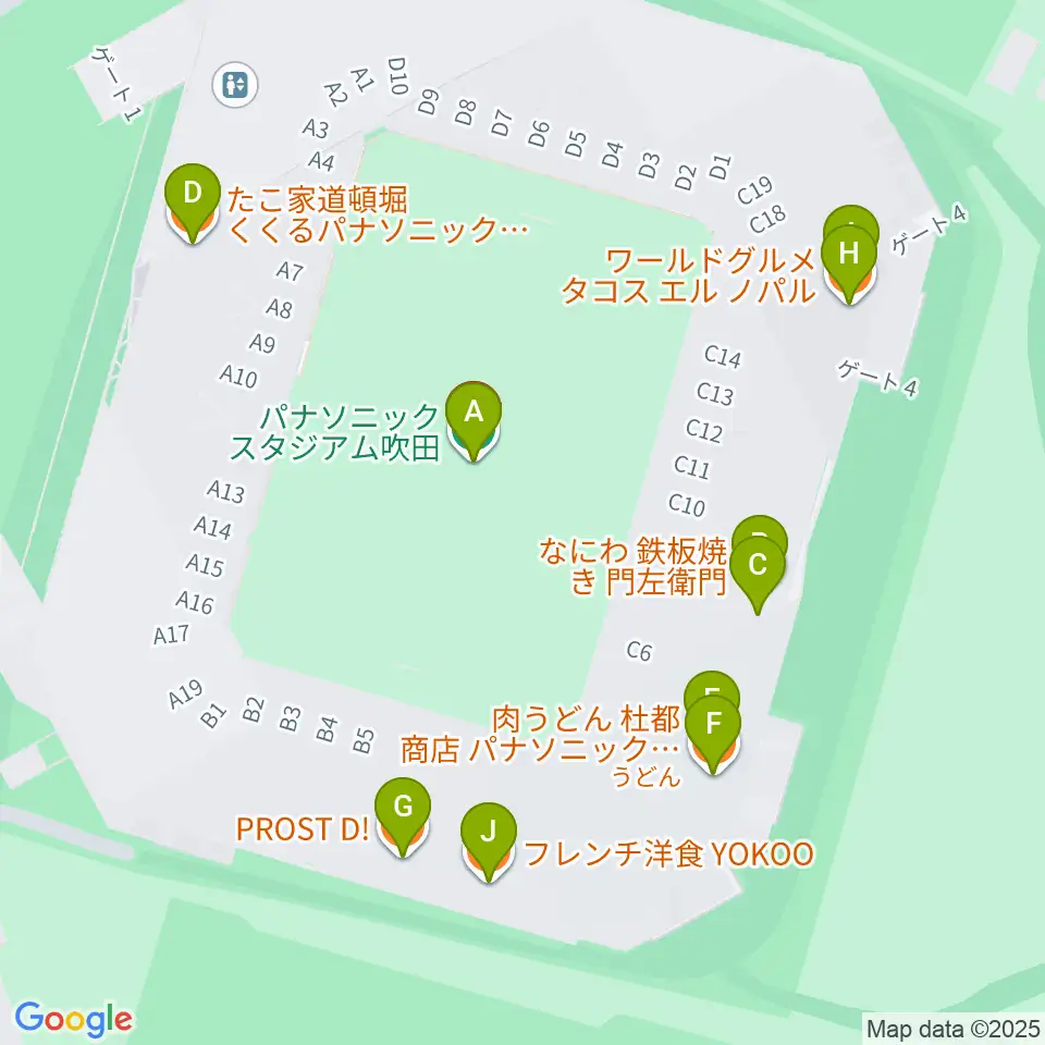 パナソニックスタジアム吹田周辺のファミレス・ファーストフード一覧地図
