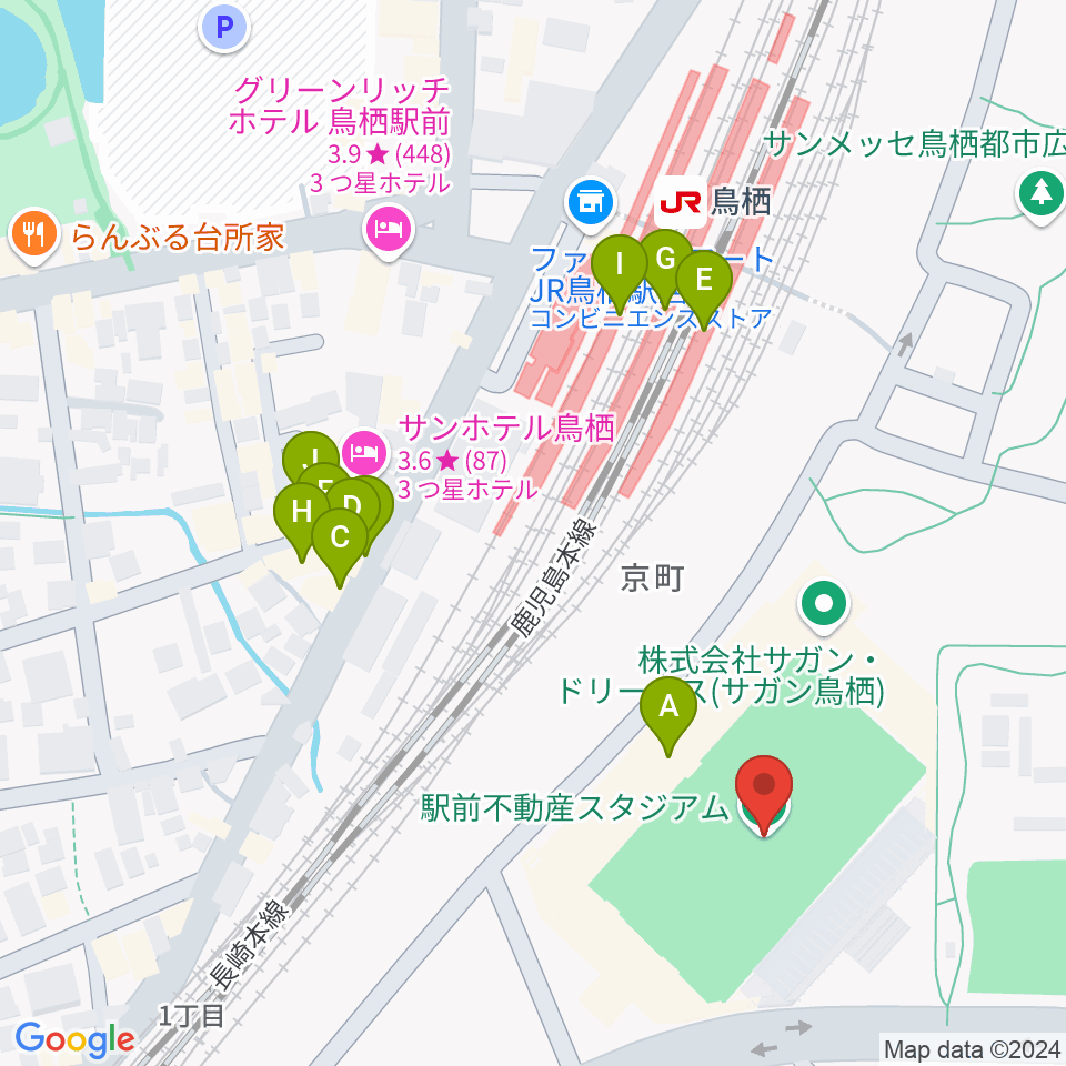 駅前不動産スタジアム周辺のファミレス・ファーストフード一覧地図