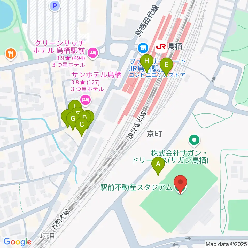 駅前不動産スタジアム周辺のファミレス・ファーストフード一覧地図