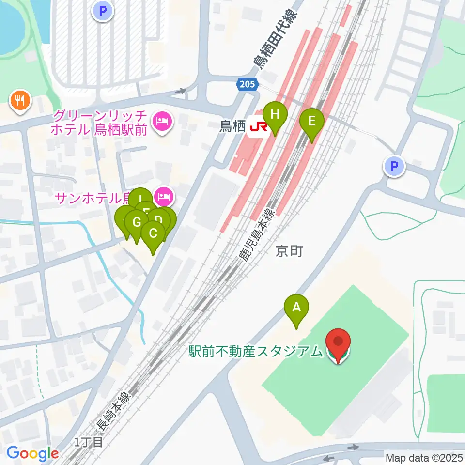 駅前不動産スタジアム周辺のファミレス・ファーストフード一覧地図