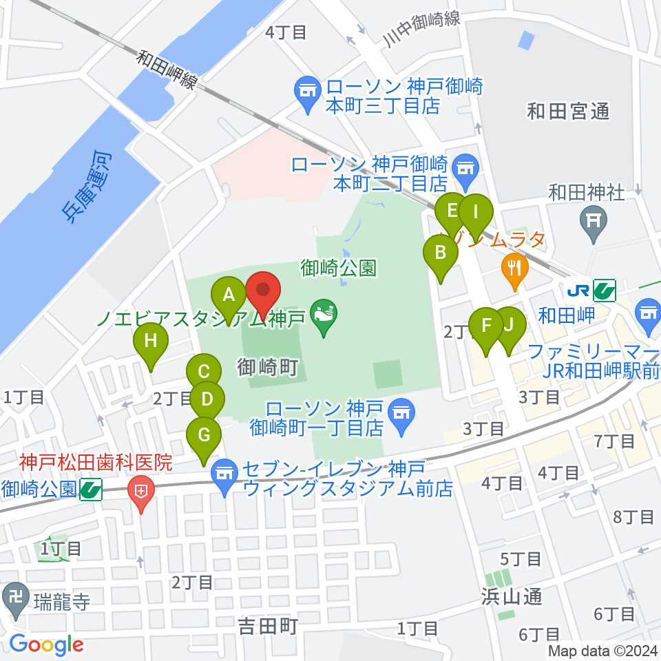 ノエビアスタジアム神戸周辺のファミレス・ファーストフード一覧地図