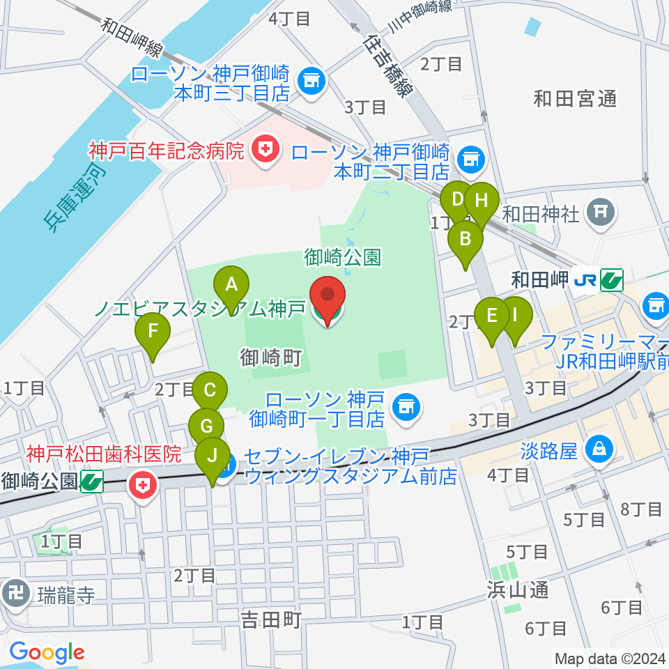 ノエビアスタジアム神戸周辺のファミレス・ファーストフード一覧地図