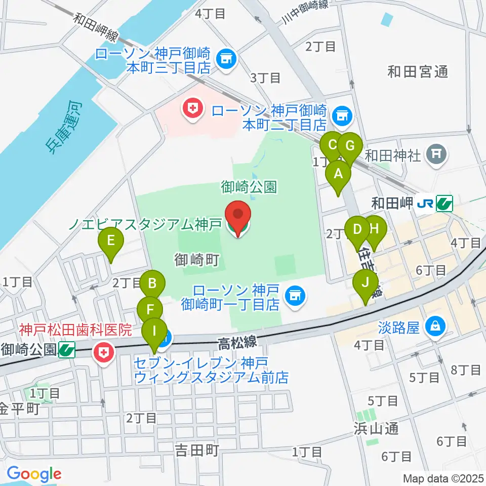 ノエビアスタジアム神戸周辺のファミレス・ファーストフード一覧地図