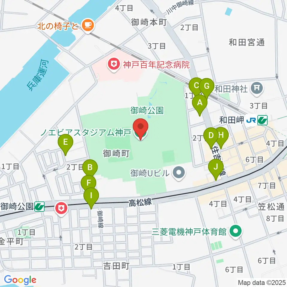 ノエビアスタジアム神戸周辺のファミレス・ファーストフード一覧地図