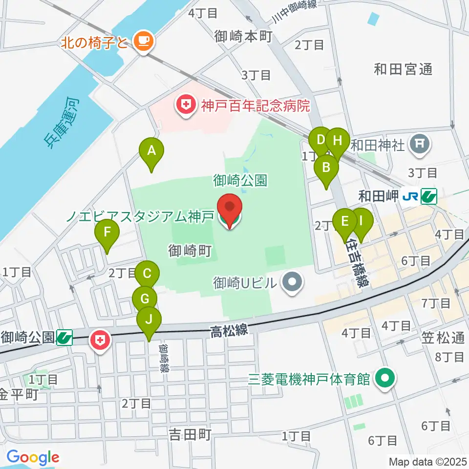 ノエビアスタジアム神戸周辺のファミレス・ファーストフード一覧地図