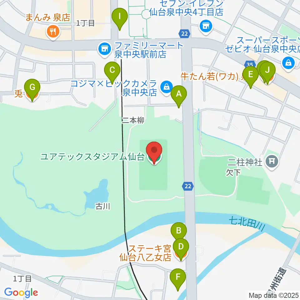 ユアテックスタジアム仙台周辺のファミレス・ファーストフード一覧地図