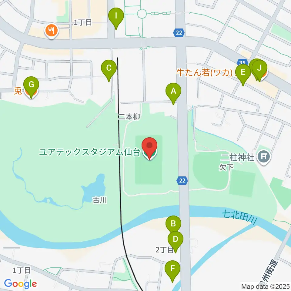 ユアテックスタジアム仙台周辺のファミレス・ファーストフード一覧地図