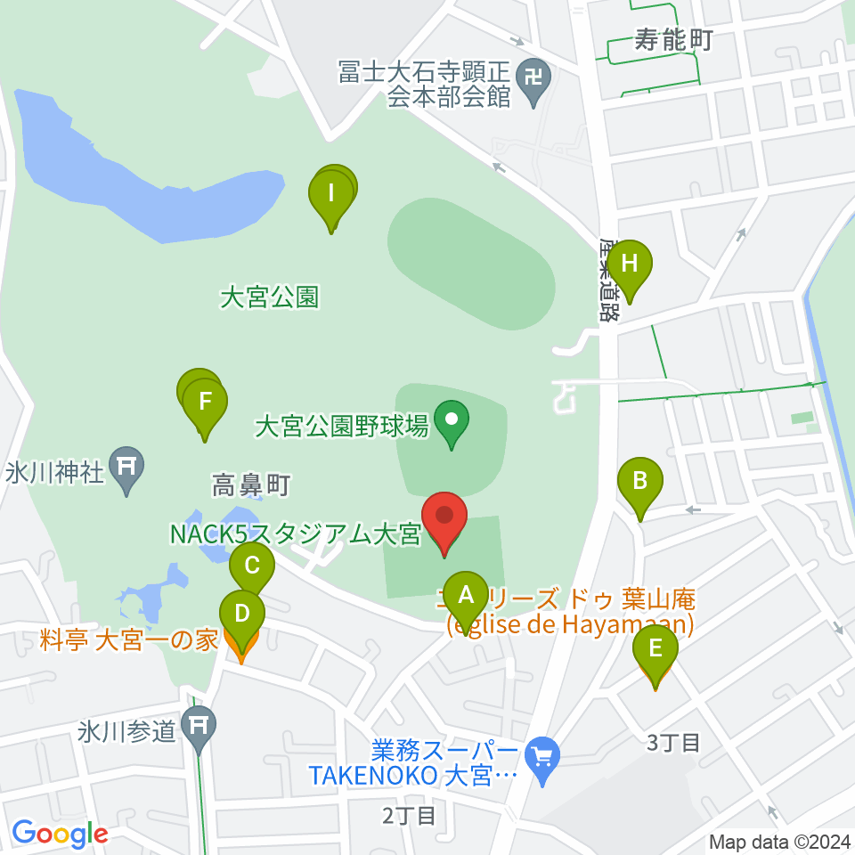 NACK5スタジアム大宮周辺のファミレス・ファーストフード一覧地図