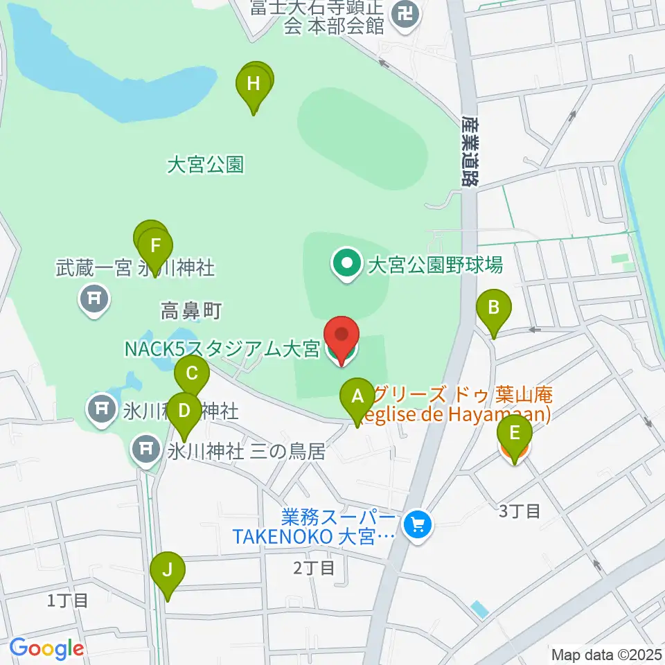 ナックファイブスタジアム大宮周辺のファミレス・ファーストフード一覧地図