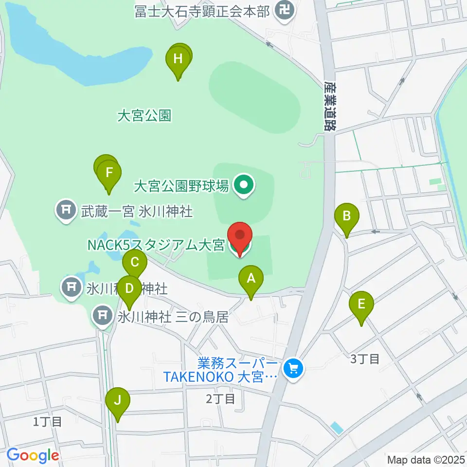 ナックファイブスタジアム大宮周辺のファミレス・ファーストフード一覧地図
