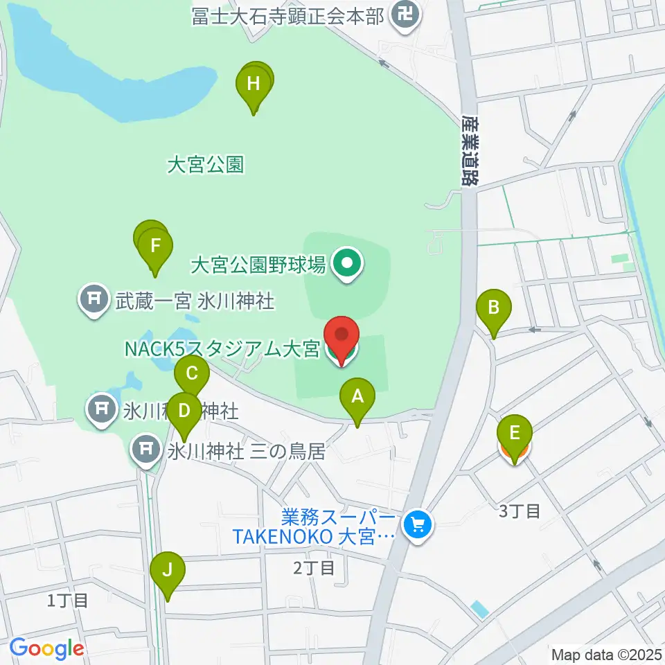 ナックファイブスタジアム大宮周辺のファミレス・ファーストフード一覧地図