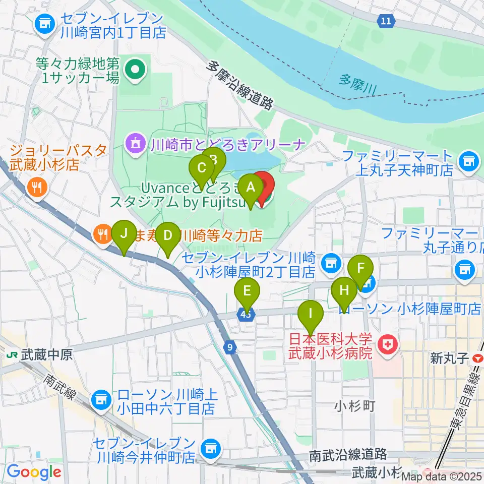 Uvanceとどろきスタジアム by Fujitsu周辺のファミレス・ファーストフード一覧地図
