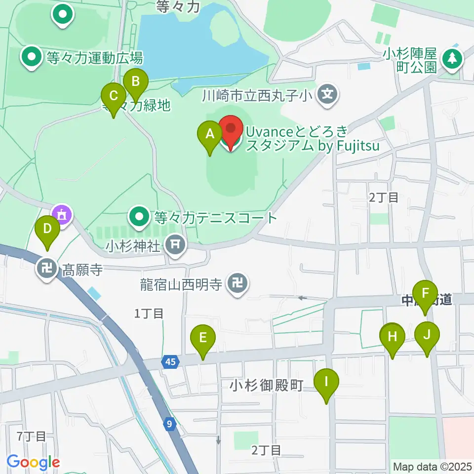 Uvanceとどろきスタジアム by Fujitsu周辺のファミレス・ファーストフード一覧地図