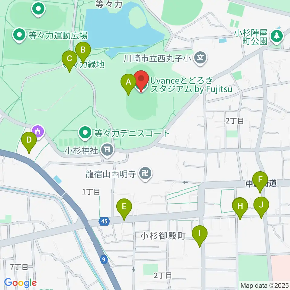 Uvanceとどろきスタジアム by Fujitsu周辺のファミレス・ファーストフード一覧地図