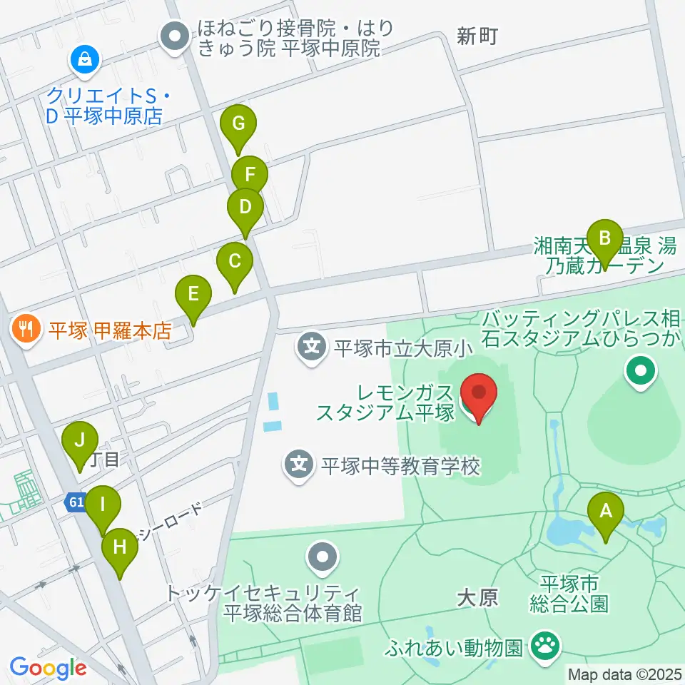 レモンガススタジアム平塚周辺のファミレス・ファーストフード一覧地図
