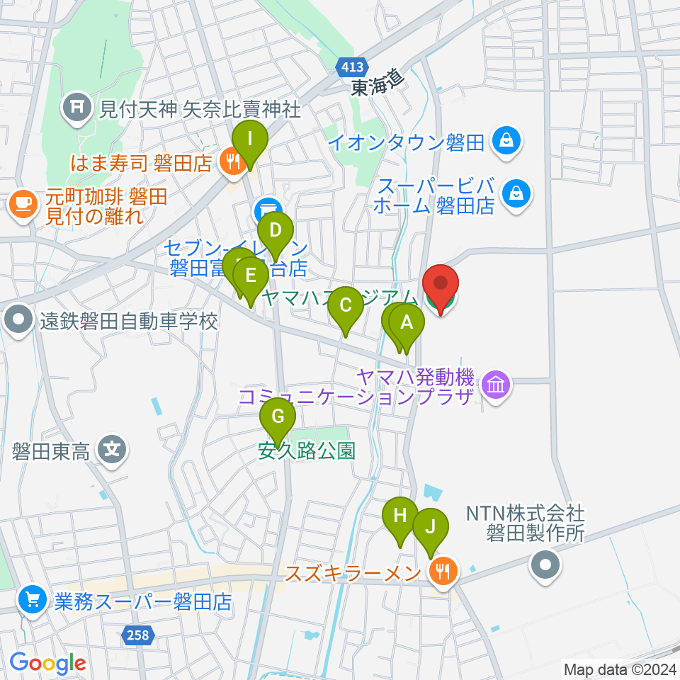 ヤマハスタジアム周辺のファミレス・ファーストフード一覧地図